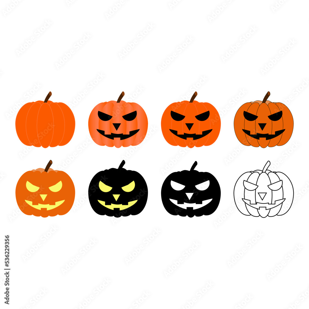 Set of pumpkins in different styles isolated on white background. Gourd with glowing eyes. Black squash. Cartoon vector illustration Set of pumpkins in different styles isolated on white background. Gourd with glowing eyes. Black squash. Cartoon vector illustration
