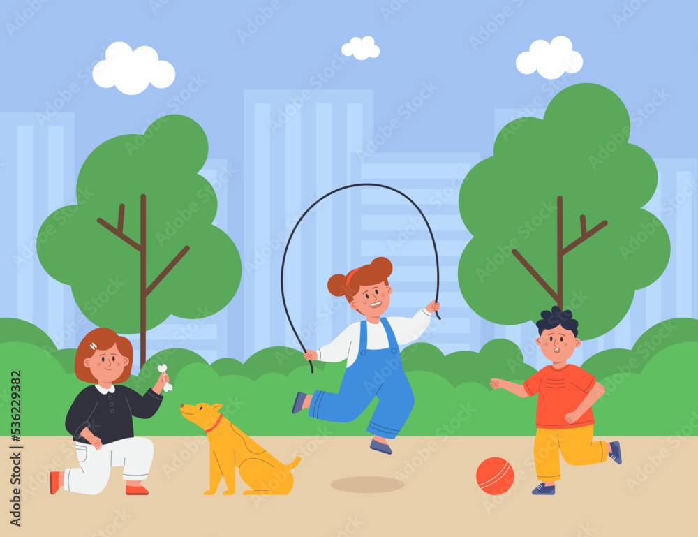 Fototapeta premium Preschool kids playing in playground of park or garden. Girls jumping rope and training dog, boy hitting ball flat vector illustration. Kindergarden, fun activity of children, summer camp concept