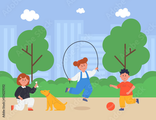 Preschool kids playing in playground of park or garden. Girls jumping rope and training dog  boy hitting ball flat vector illustration. Kindergarden  fun activity of children  summer camp concept