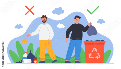 One man putting trash in recycle container, another one throwing plastic, paper, cans on ground. Correct and wrong examples of throwing out litter flat vector illustration. Garbage recycling concept
