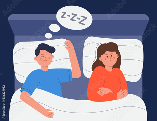 Wife sleep problems due to husband snoring. Married couple lying in bed at night, sad sleepless woman suffering from loud noise flat vector illustration. Insomnia, apnea disease, snore concept