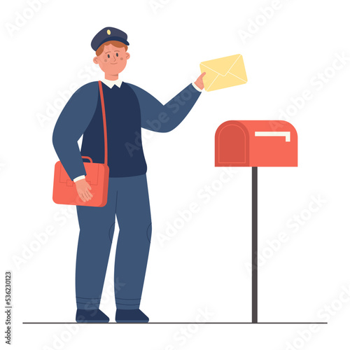 Postman holding envelope with letter, standing near mailbox. Funny man with bag, cap and uniform of mailman delivering postal package to letterbox flat vector illustration. Mail, delivery concept