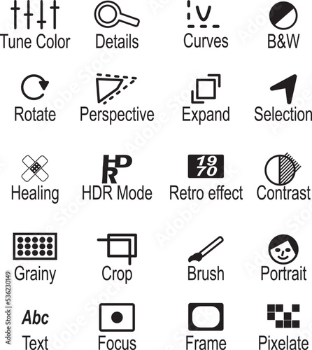 icon set black and white for photo editing menu, image and graphic design