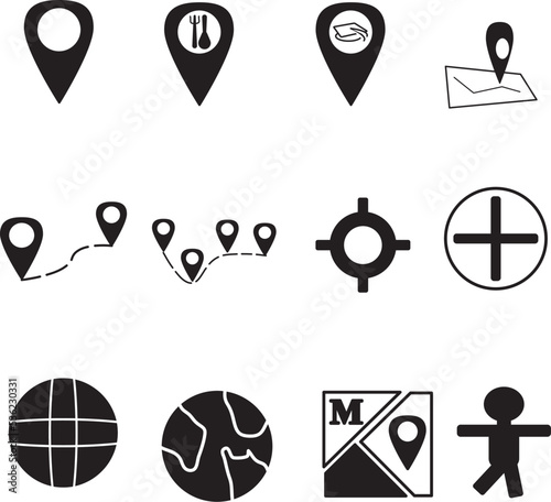 icon set pack vector hd 2d black and white map with various icon locations, restaurants, buildings and distances, wallpaper background illustrations like google map