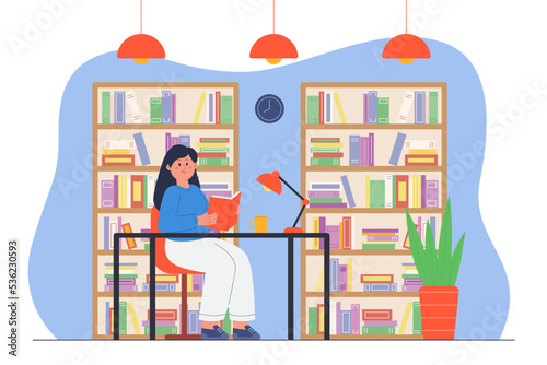 Young lady student reading book, studying in interior of library. Woman sitting at desk, shelves of bookcase full of books flat vector illustration. Education, knowledge, readers club concept