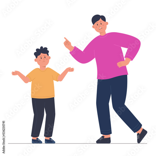 Angry cartoon father punishing sad son for breaking rule. Dad warning kid flat vector illustration. Relationship, family, child abuse, conflict concept for banner, website design or landing web page