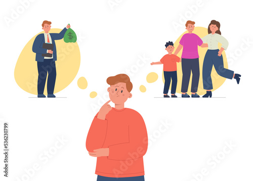 Male cartoon character choosing between work and family. Man making difficult decision or choice, office worker or parent flat vector illustration. Family, career, work life balance concept for banner
