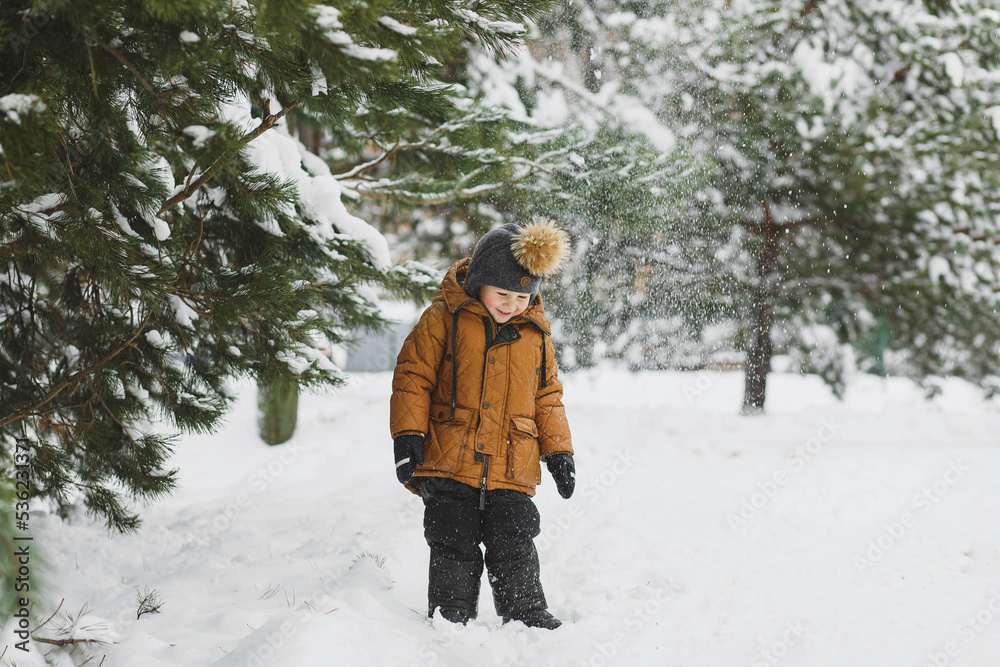 A boy is standing under a snow tree and snow is falling on him