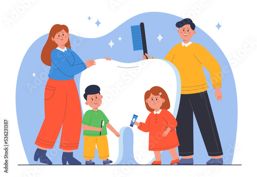 Tiny people with toothpaste and toothbrush standing near tooth. Happy family holding oral cavity care hygiene products and brushing molar flat vector illustration. Dental health, stomatology concept