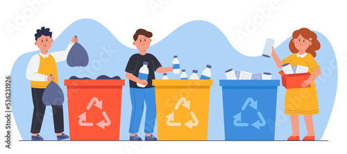 Kids throwing garbage in recycle dustbin. Cute boys and girl sorting paper, plastic and organic waste into recycling containers flat vector illustration. Environmental protection, ecology concept