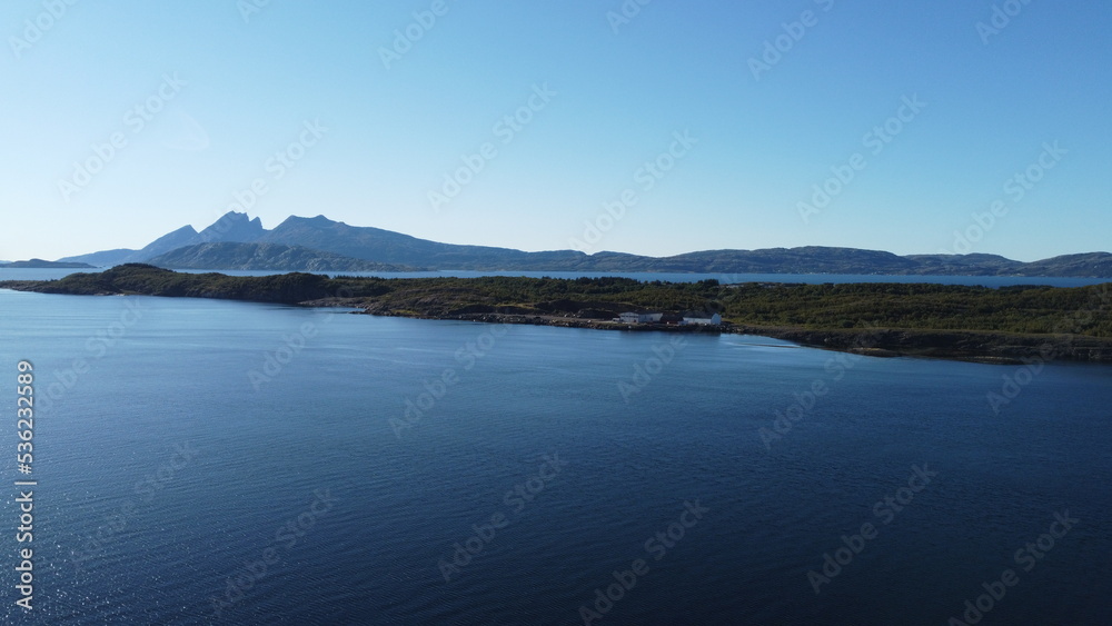 majestic aerial view of the islands and ocean in Helgeland on the way to the city of Sandnessjoen