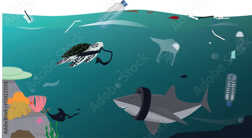 polluted sea, marine pollution vector illustration 
