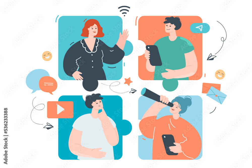 Team of creative people working online. Flat vector illustration. Puzzle of colleagues communicating on social media, interacting, collaborating. Partnership, teamwork, online, Web, connection concept Team of creative people working online. Flat vector illustration. Puzzle of colleagues communicating on social media, interacting, collaborating. Partnership, teamwork, online, Web, connection concept