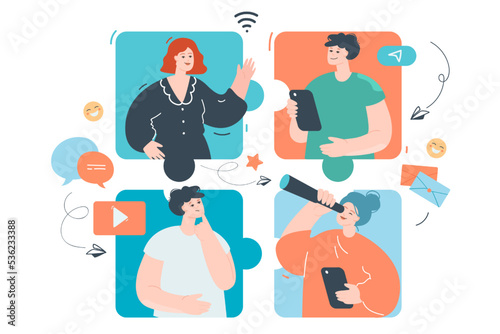 Team of creative people working online. Flat vector illustration. Puzzle of colleagues communicating on social media, interacting, collaborating. Partnership, teamwork, online, Web, connection concept
