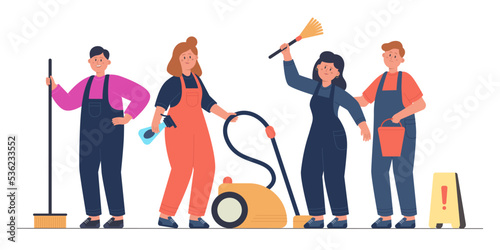 Team of professional workers in uniform standing together. People holding vacuum cleaner, broom and bucket for cleanup of office or home flat vector illustration. Staff of cleaning service concept
