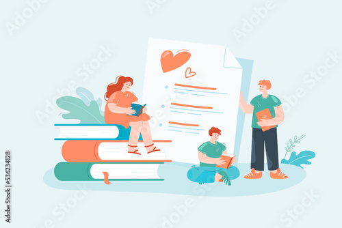 Young readers ranking books flat vector illustration. Tiny male and female people reading textbooks, sitting next to huge list of favorite literature. Award, feedback concept