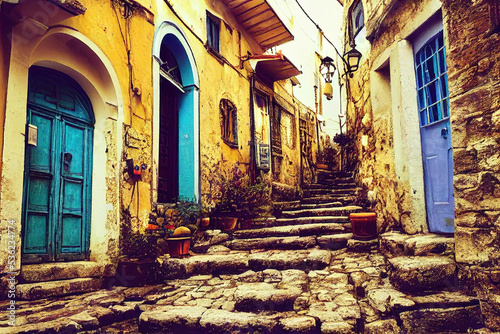 Beautiful old medieval downtown cobblestone alley streets  stone steps  colorful doors and windows  greek mountain village  historic architectural background