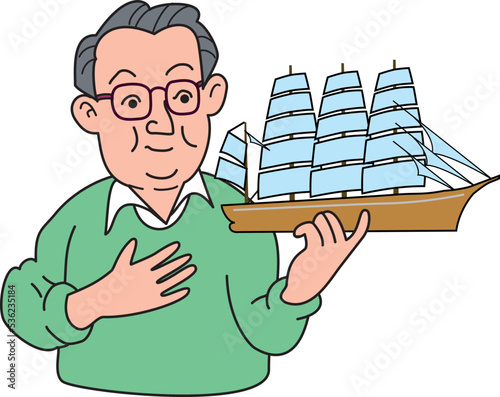 帆船模型を持つお父さん
