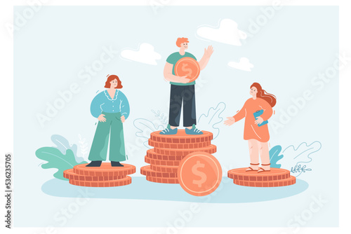Gender wage discrimination flat vector illustration. Male and female employees standing on stacks of coins of different heights. Injustice, inequality, salary, feminism, payment concept for design