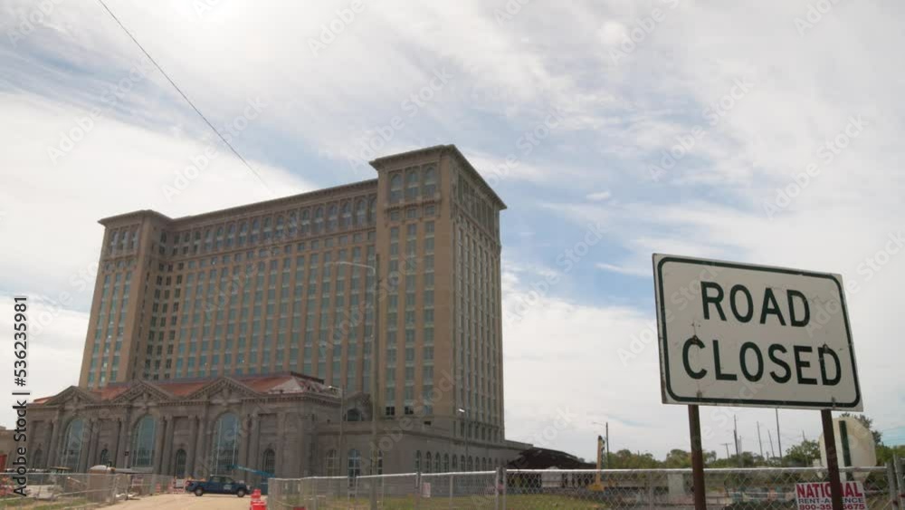 Michigan Central Station in Detroit, Michigan with road closed sign panning right to left. Michigan Central Station in Detroit, Michigan with road closed sign panning right to left.
