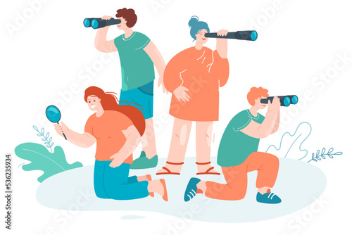 Team of business people with spyglass, magnifier and binoculars. Staff characters looking for business direction or opportunities, new ideas flat vector illustration. HR, success, goal concept