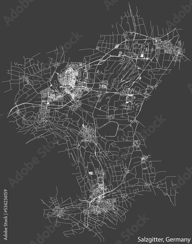 Detailed negative navigation white lines urban street roads map of the German regional capital city of SALZGITTER, GERMANY on dark gray background photo