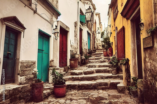 Beautiful old medieval downtown cobblestone alley streets, stone steps, colorful doors and windows, greek mountain village, historic architectural background © Gbor