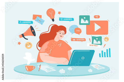 Female cartoon entrepreneur analyzing SMM statistics. Busy woman in workplace, effective social media strategy, young expert flat vector illustration. Success, time management, freelance concept
