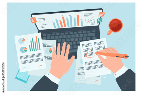 Top view of accountant analyzing business documents. Hands of office worker doing research using technology, analyst studying data flat vector illustration. Audit concept for banner, website design