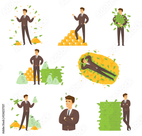 Happy rich man in different poses standing near money and holding it. Much money and gold cartoon vector illustration set. Banker or millionaire character enjoying his wealth
