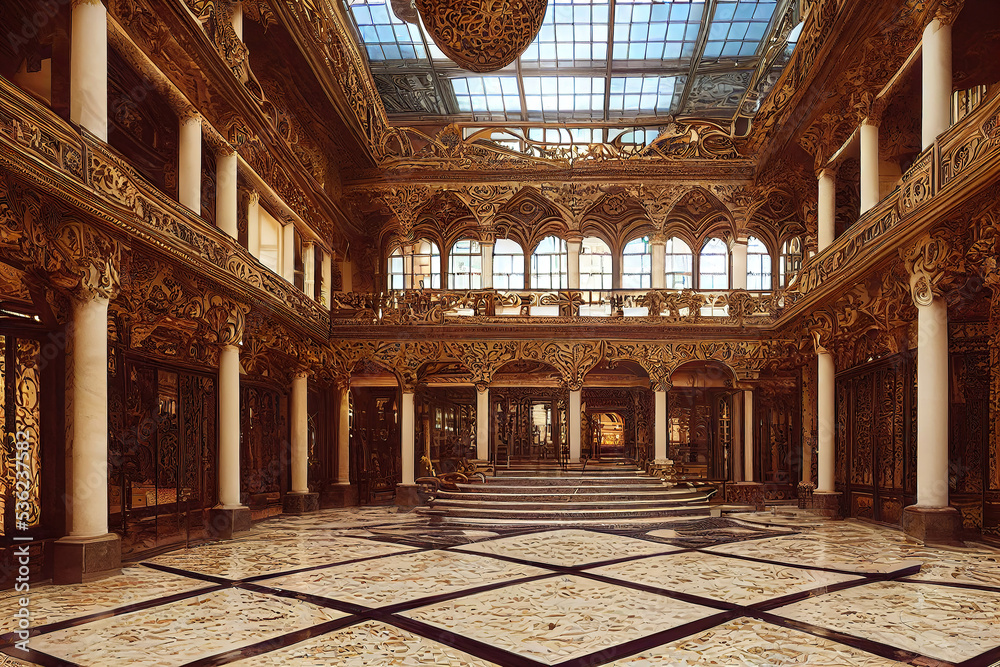 beautiful renaissance palace interior, stained glass, marble floor, luxury interior, architectural background