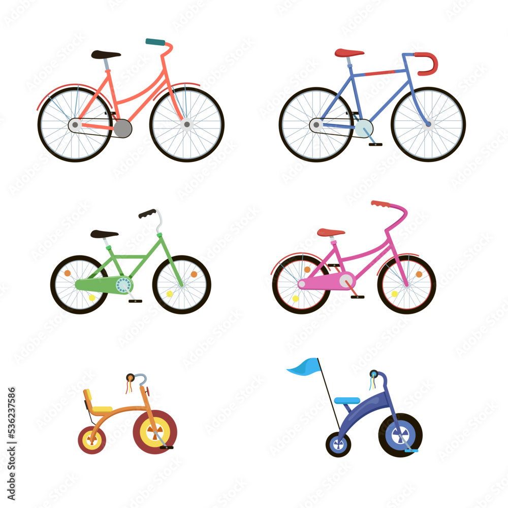 Fototapeta premium Cute bicycles of different colors set. Vector illustrations of eco city transport for kids or adults. Cartoon collection of balance bikes isolated on white. Sport race, transportation concept