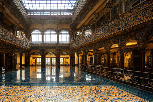 beautiful renaissance palace interior, stained glass, marble floor, luxury interior, architectural background
