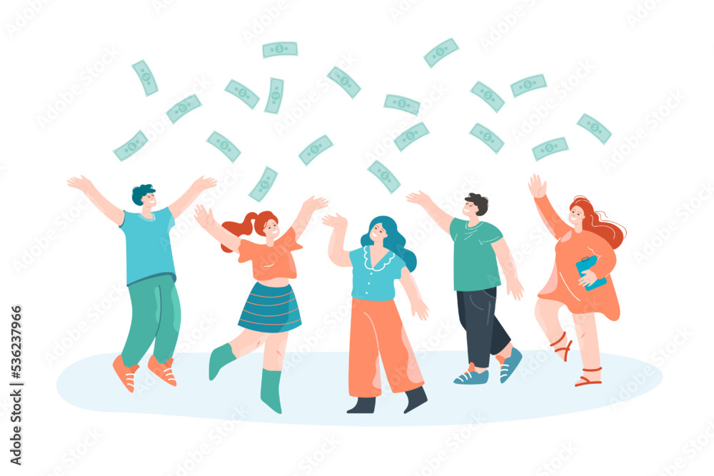 Obraz premium People rejoicing in rain of money. Flat vector illustration. Business team getting profit, winning lottery, jumping under banknotes falling from sky. Success, jackpot, income, investment concept
