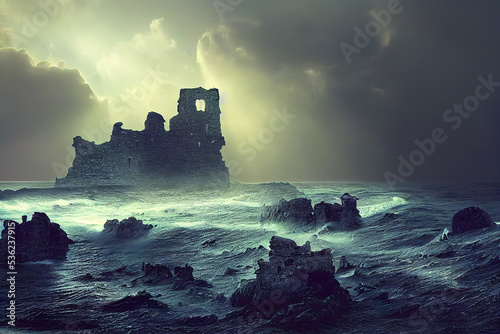 Castle ruins on the cliff, stormy ocean coast, sun beams from the couds, CG illustration