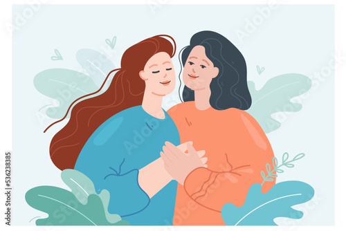 Happy young lesbian couple standing together, hugging with love. Portrait of two cute adult female homosexual lovers on date flat vector illustration. LGBT, intimacy, romantic relationship concept