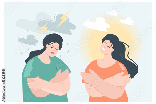 Good and bad mood of girls under rain with clouds or sun. Happy and unhappy, negative and positive thoughts of person flat vector illustration. Pre menstrual syndrome, PMS, mental health concept