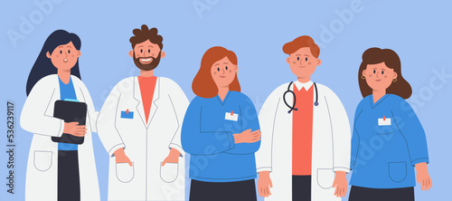 Doctors with stethoscopes, nurses standing together and smiling. Group of female and male medical staff, hospital emergency team in clinic flat vector illustration. Medicine, healthcare concept