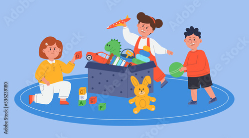 Preschool children with box of toys including car, ball, plane, dinosaur at play in room. Cartoon kids or young students playing with friends in classroom flat vector illustration. Playtime concept
