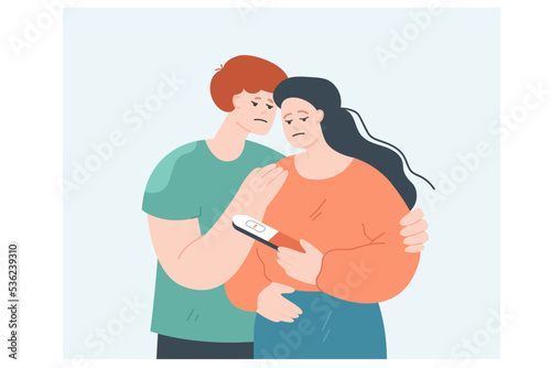 Upset married couple with fertility problem. Sad male and female characters, woman holding pregnancy test with one line flat vector illustration. Infertility, family concept for banner, website design