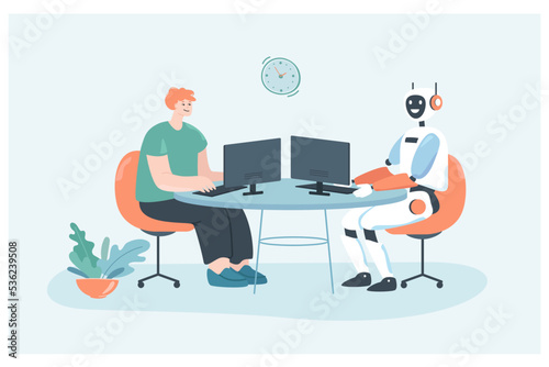 Friendship between male office worker and modern robot. Man and robotic character at computers, future digital workforce flat vector illustration. Technology, AI, cooperation concept for banner