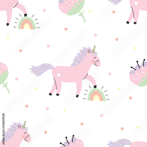 Seamless pattern with cute pink unicorn  rainbow and flowers. Vector illustration