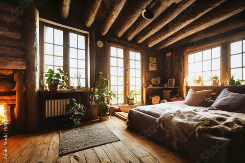 Cozy rustic wooden log cabin house interior, warm lights, indoor plants, double bed, luxury architecture background