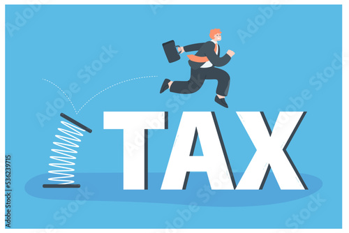 Cartoon businessman jumping high over word tax. Male character using spring, avoiding inflation tax flat vector illustration. Finances, leadership, success concept for banner, website design