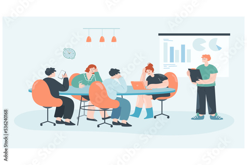 Office people listening to boring presentation of manager. Team of cartoon characters at tiresome lecture flat vector illustration. Business meeting or training concept for banner or landing web page