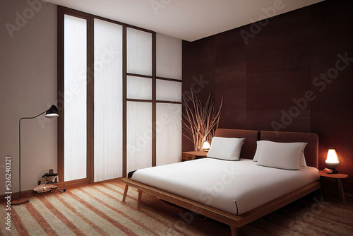 Modern cozy luxury bedroom, warm lights, double bed, wooden wall, 3d render, 3d illustration