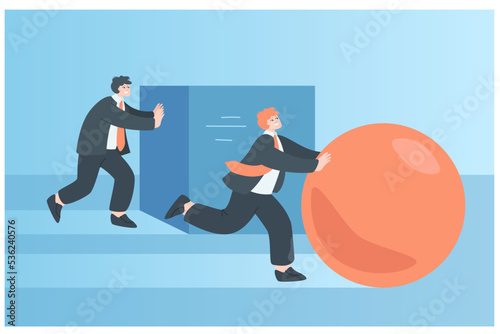 Man moving square and smarter competitor pushing ball forward. Creative, innovative and efficient solution, businessmen competing flat vector illustration. Challenge, leadership, innovation concept