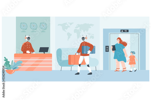 Robot as hotel staff helping family with baggage. Lobby interior with robotic receptionist at desk, cartoon guests at elevator flat vector illustration. Modern robots or technology, service concept