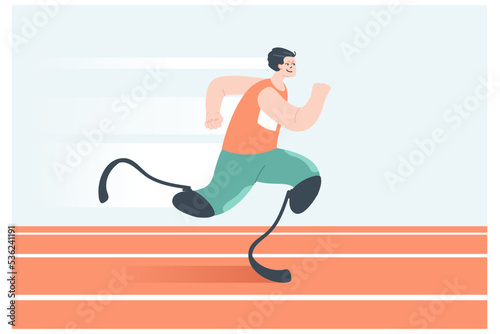 Male athlete with prosthesis taking part in running competition. Man with prostheses, physical disability flat vector illustration. Healthy lifestyle, disability concept for banner, website design