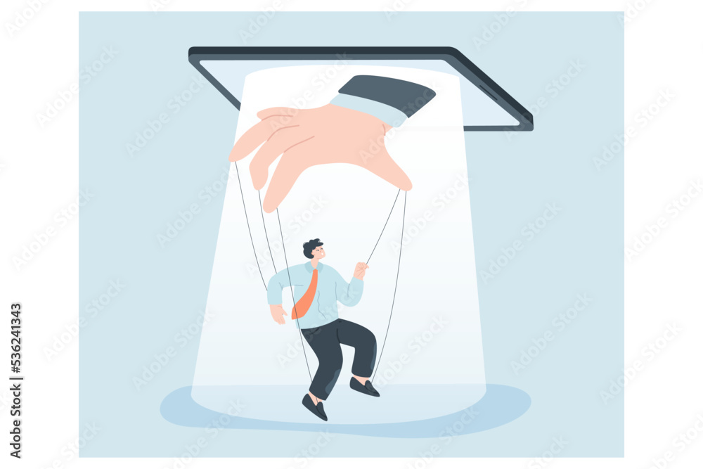 Office worker as puppet of phone or tablet. Persuasive propaganda or manipulation in social media and fake news controlling opinion flat vector illustration. Technology, internet, information concept